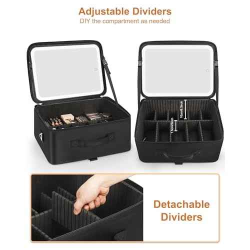 Relavel Extra Large Makeup Bag with LED Mirror, Cosmetic Train Case for Makeup Artists with 4 Removable Pouches and Adjustable Dividers, Hair Supplies Organizer, Travel Portable Mirror with Lights