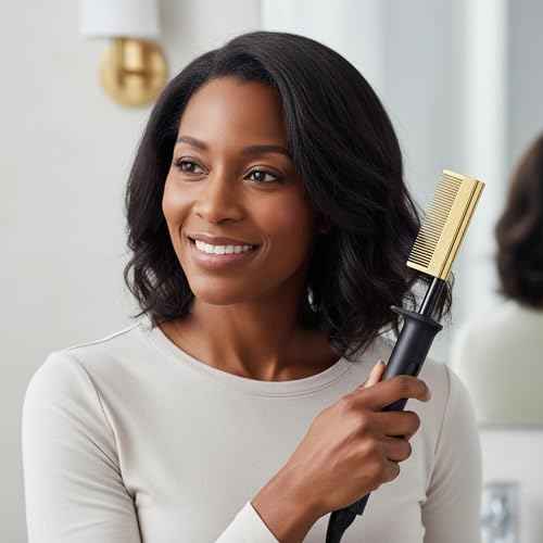 KISS Professional Pressing Comb with Polished Gold Smoothing Comb, Safety Stand, Digital LED Temperature Display, & Tangle Free 360¡Æ Swivel Cord
