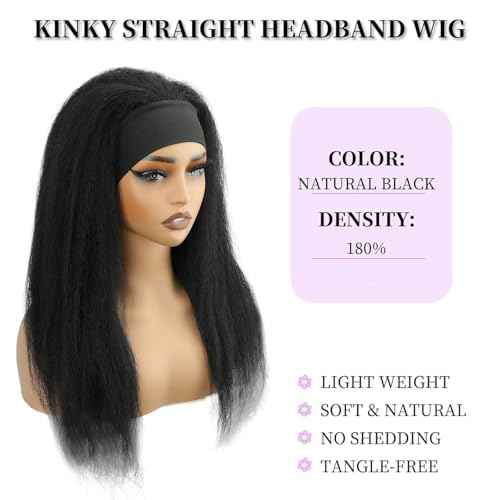 Kinky Straight Headband Wig 24 Inch Human Hair Headband Wigs for Black Women Glueless Yaki Straight Human Hair Headband Wigs Natural Black color