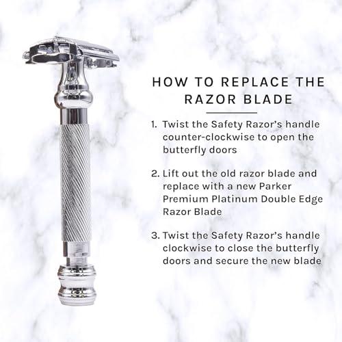 Parker 99R Chrome Long Handle Heavyweight Butterfly Open Double Edge Safety Razor for Men | 5 Parker Premium Platinum Double Edge Razor Blades Included | Iconic Brand