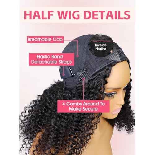 ORIGINAL QUEEN Kinky Curly Half Wig Human Hair Wear And Go Glueless Wigs Curly 3 In 1 Half Wigs for Women Drawstring Seamless Flip Over Glueless Wigs Beginner Friendly 18 Inch
