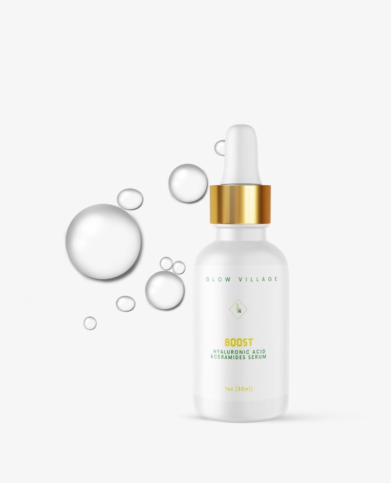Glow Village Boost Hyaluronic Acid and Ceramides Serum | Non-Oily, Vegan, Lightweight | Moisture boosting, Barrier protecting, Daily and Nightly use, effective for All Skin Types | 1 oz