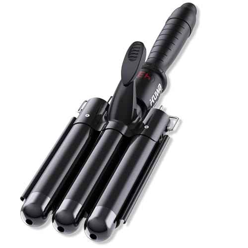 kuwa Three Barrel Curling Iron,Hair Crimper with LCD Temperature Display,1 Inch Crimper Hair Tool,Dual Voltage Hair Crimper,Beach Waver Curling Iron (Black)