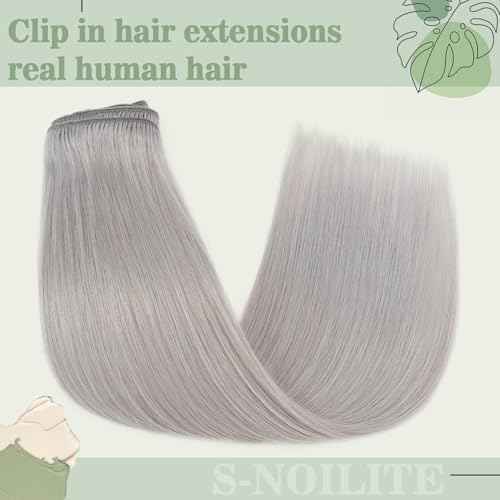 Clip in Hair Extensions Human Hair S-noilite Gray Human Hair Short Hair Clip in Extensions Full Head 8 Pieces/18 Clips 100% Real Human Hair Silky Straight 16"-90g Light Gray (#G1)