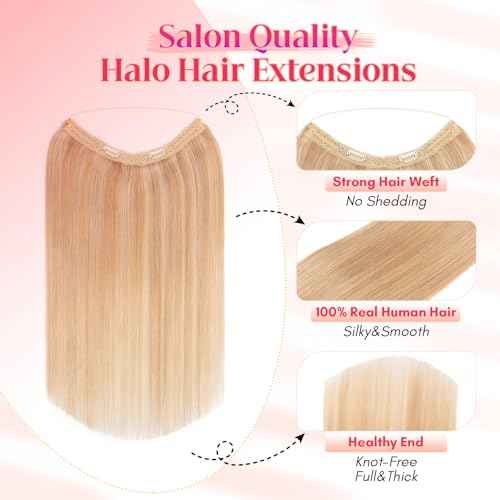 Rich Choices 100% Real Human Halo Hair Extensions for Women Remy Halo Extension Invisible Wire Hairpiece Clip in One Piece Hairpiece Adds Weight 80g 18 Inch #18P613 Ash Blonde Highlight Bleach Blonde