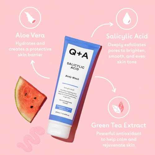 Q+A Salicylic Acid Body Wash (250ml), Sensitive Shower Gel, Body Care, Shower Gel with Green Tea Extract and BHA, Gently Exfoliates, Smoothes, and Softens the skin