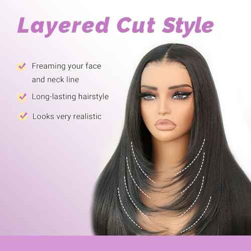 U&A Ua Hair Glueless Natural Black Straight Layered Wig Wear and Go 9x7 Lace Front Synthetic Wig Pre style Pre Plucked Pre Cut Vivid Self-growing Hairline Tiny Knots Premium Fiber 22Inch