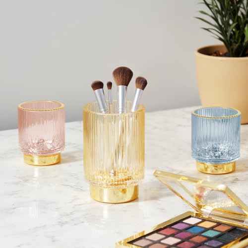 Makeup Brush holder Organizer, Crystal Glass Toothbrush Holders, Striped Make Up Brush Holder for Vanity, Pen Holder for Desk, Vase -Pink (S+L)