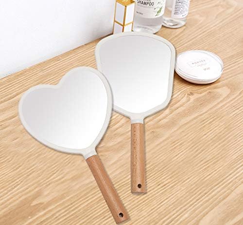 YEAKE Hand Held Mirror with Handle for Makeup,Small Cute Wood Hand Mirror for Shaving with Hole Hanging Single-Sided Portable Travel Vanity Mirror for Men&Women(Fanshape)