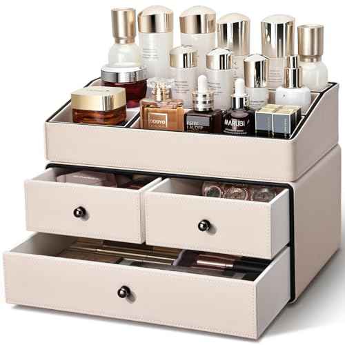 KINGFOM Leather Makeup Organizer with 3 Drawers, 2 Tier Cosmetic Storage Organizer for vanity Dresser Countertop and Bathroom Vanity, Beauty Holder for Lipstick Brush Skincare (Beige)