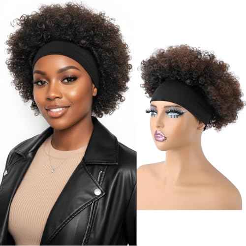 Afro Curly Headband Wig for Black Women,Short Kinky Curly Synthetic Wig with Super Elastic Headband Glueless Quick Wear And Go Fluffy Bouncy Afro Wig for Daily Party(T33)