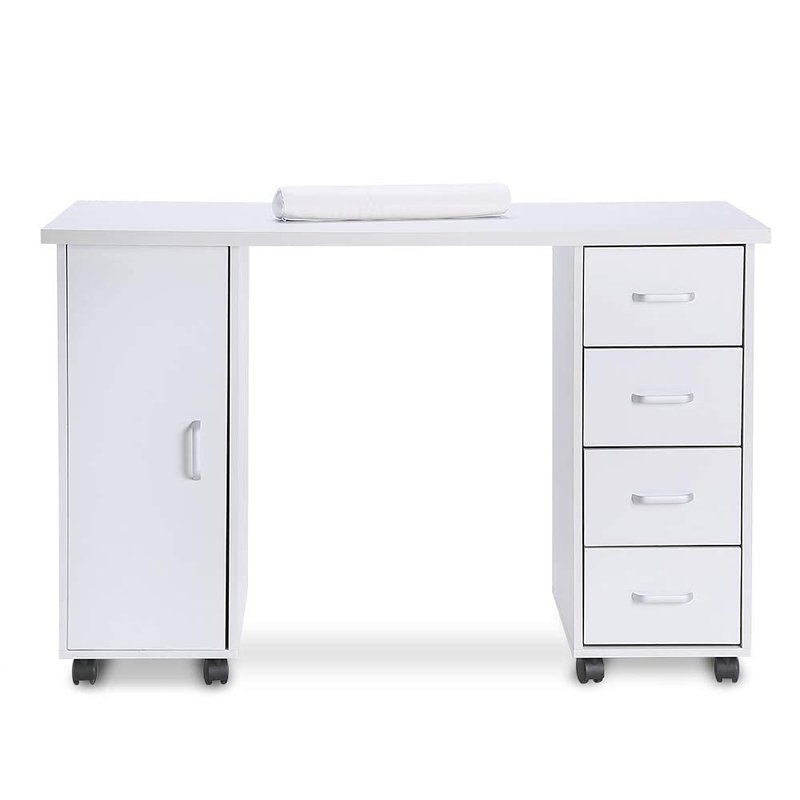 Paddie Manicure Nail Desk for Technician, Acetone Resistant Wooden Salon Spa Nail Table Station w/Cabinet, Drawers, Controllable Wheels & Client Wrist Pad