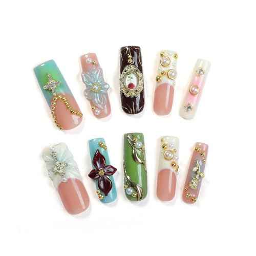 Handmade Press on Nails Long Square Fake Nails Luxury Pearl Rhinestone & 3D Flower Art Designs Salon Quality Acrylic Nails French Tip Gold Rose Steel Ball False Nails Stick on Nail for Women£¨Size M)