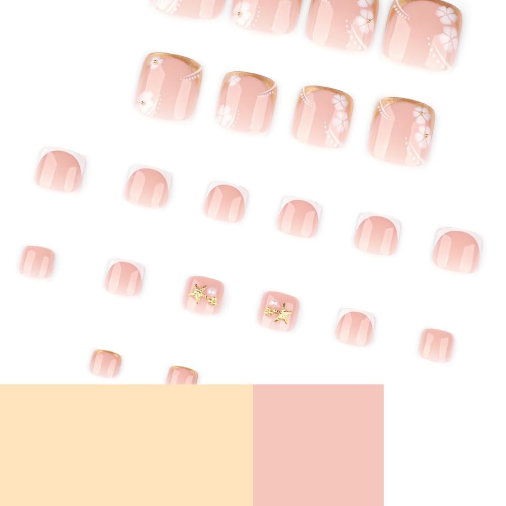 Toenails Square Fake Toenails Glossy French Tip Press on Toenails Solid Short Acrylic False Toes Nails with Designs Artificial Full Cover Toenail for Women Manicure 24 Pcs