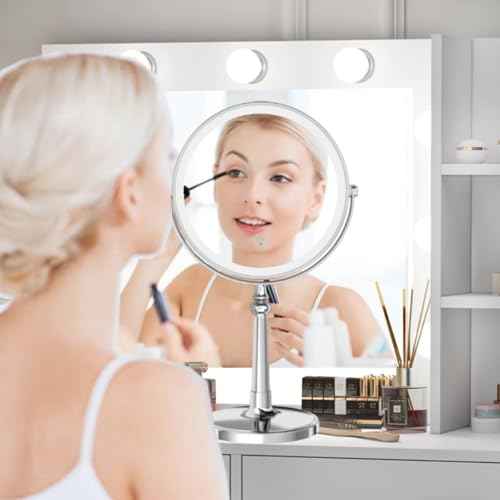 9" Large Make up Vanity Mirror with Lights Chrome Two Way Mirror 1x/10x Magnifying Mirrors with Light and Stand 4000mAh Rechargeable Led Makeup Mirrors for Desk Dresser Table
