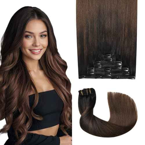 Pro2.0 Clip in Hair Extensions Real Human Hair 120g Thick 7pcs Color #1BT4 Natural Black Fading to Middle Brown Remy Real Human Hair Extensions Clip ins 14inch Double Weft£¨#1BT4-14inch£©
