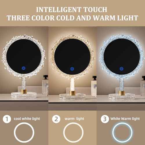 Makeup Mirror with Lights,18"x12"Large LED Lighted Makeup Mirror with Crystal Frame,3-Color Lighting Mode,Intelligent Touch Control,Rotatable,for Vanity Desk Tabletop,Bedroom,Women's Gift,White