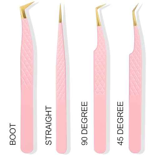 Fiber Tip Lash Tweezers For Eyelash Extension 4 Pcs Tweezers Professional Artist Tech Work Kit Tools,Best Volume Eyelash Lashes Extensions Precision Supplies Volume Boot 90 45 Degree(Pink)