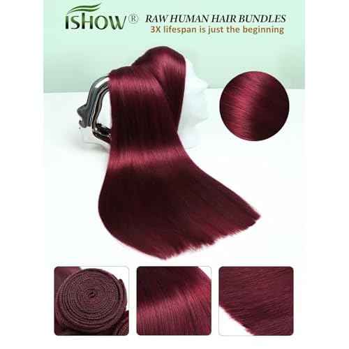 ISHOW Raw Human Hair Bundles, 100% Unprocessed Virgin Human Hair, 15A Straight Premium Quality Bundles Producer, 20 Inch Single Bundle, Long Lasting, Red Burgundy Color 99J