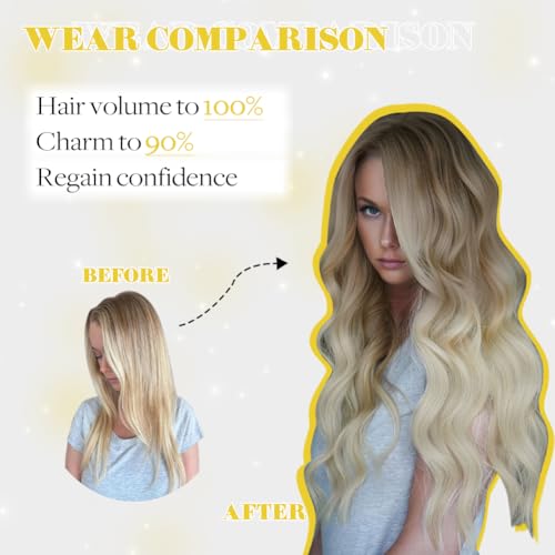 Wire Hair Extensions Fish Line Hair Extensions Ash Brown to Platinum Blonde Extensions, Invisible Hair Extensions Real Human Hair 14inch 70g Adjustable Size Hair Extensions(#8T/60-14inch)