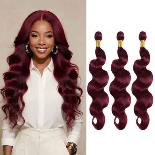 99J Burgundy Body Wave Human Hair Bundles 20 22 24 Inch 3 Bundles Brazilian Virgin Remy Hair Extensions Weave Soft Bouncy Curly Sew In for Black Women