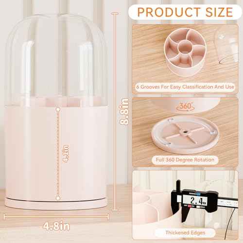 Yieach Rotating Acrylic Makeup Brush Holder with Lid for Vanity,Bathroom,Countertop,Covered Makeup Brushes Organizer,Round Spinning Cosmetic Brushes Holder and Make up Brush Storage with Cover,Pink