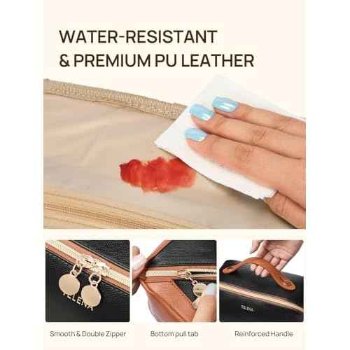Telena Leather Make Up Bag Portable Travel Makeup Bag Waterproof Cosmetic Bags for Women Large Capacity With Handle and Divider Open Flat