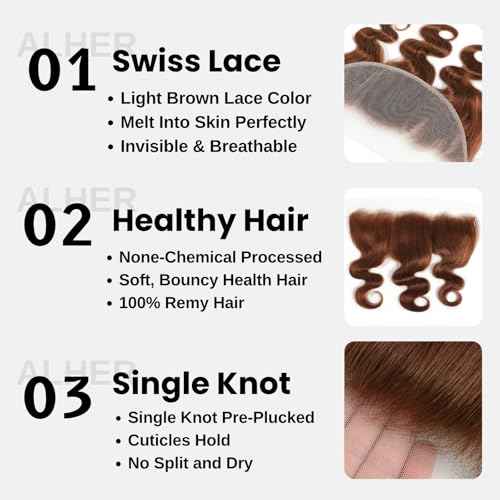 ALHER #33 Reddish Brown Body Wave 13x4 Lace Frontal Human Hair 18 Inch, Copper Brown Auburn Colored HD Transparent Lace Frontal Closure Ear to Ear 100% Virgin Remy Human Hair 150% Density