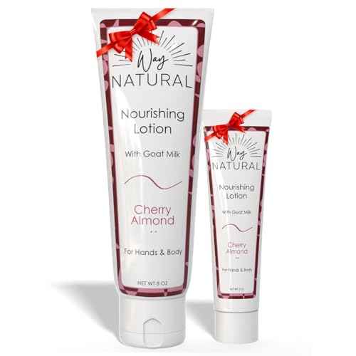 Nourishing Goat Milk Lotion, Cherry Almond - Home & Away Set, Natural Hand & Body Cherry Almond Lotion for Dry Skin - Goat Milk Hand Cream for Women & Men - 8oz & 2oz Travel Size Tube