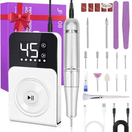 Cadrim Portable Electric Nail Drill Professional 45000 RPM, 2025 Upgrade-Speed Control Disc, Rechargeable Electric Nail File for Acrylic Gel Nails, Nail Drill Kit for Salon Home, White