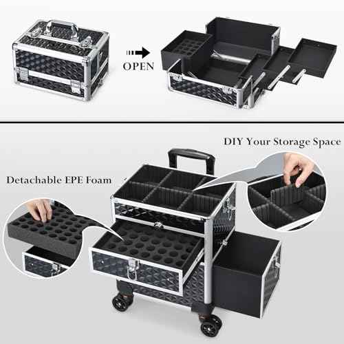 Joligrace Large Rolling Makeup Train Case with Foot-Brake Wheels, Removable Shoulder-Strap Makeup Carrying Case, Adjustable Compartments, Built-in Nail Polish Drawer, and Detachable Drawer
