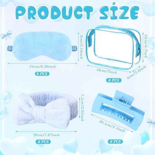 Hoteam 24 Pcs Sleepover Spa Party Favors Supplies 6 Spa Headband 6 Plush Sleep Eye Mask 6 Hair Claw Clips 6 Clear Cosmetic Bags for Slumber Party Christmas Gift(Blue)