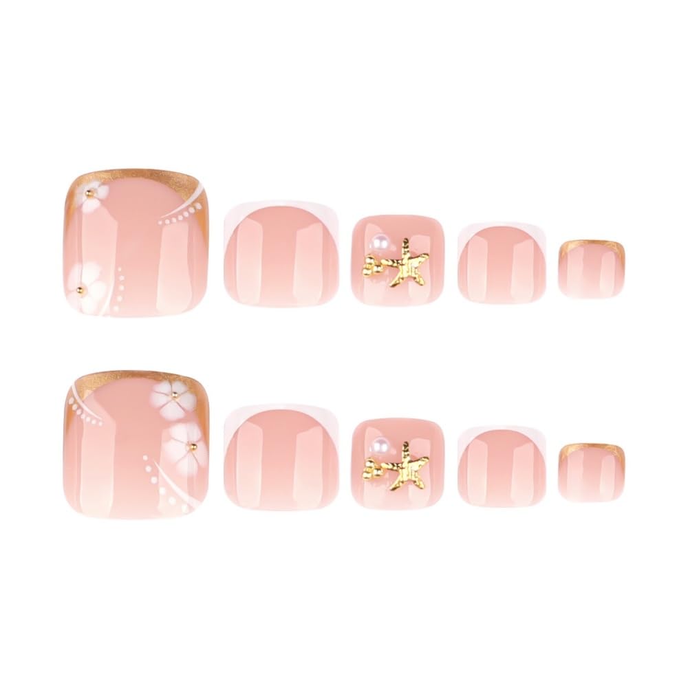 Toenails Square Fake Toenails Glossy French Tip Press on Toenails Solid Short Acrylic False Toes Nails with Designs Artificial Full Cover Toenail for Women Manicure 24 Pcs