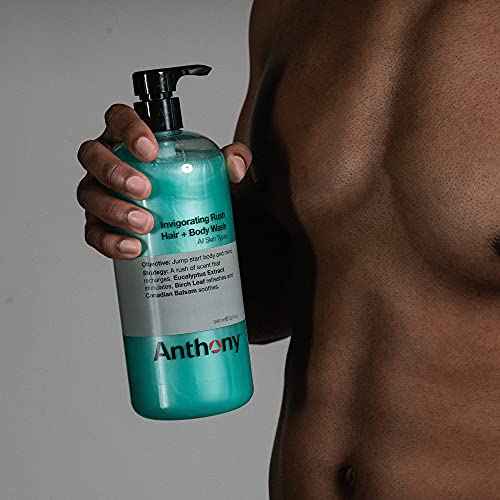 Anthony Mens Body Wash and Shampoo: Invigorating Rush 2-In-1 Liquid Gel Soap & Hair Shampoo, Pine Wood Scent, Hydrating with Eucalyptus, Canadian Balsam, Birch Leaf, Charcoal, Sea Kelp, 32 Fl. Oz