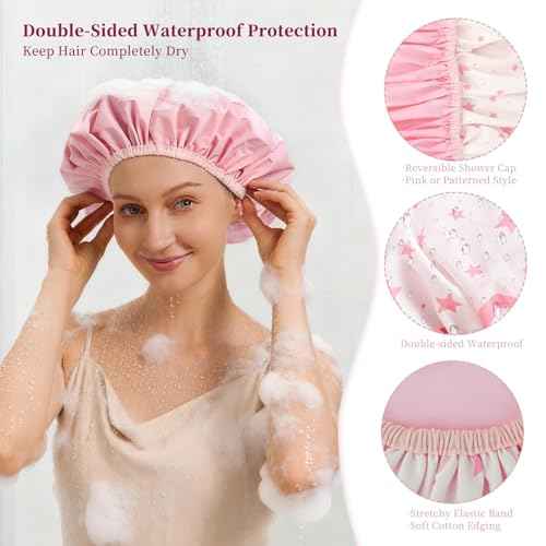 Reversible Shower Cap for Women Waterproof Reusable, Double Layer Large Shower Cap with Elastic Band, Non-Slip Washable Bath Hair Hat for Braids & Long Hair