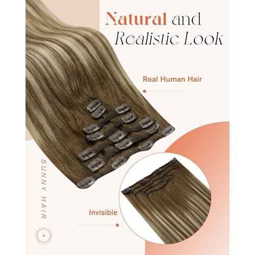 Sunny Hair Clip in Hair Extensions Straight Human Hair Clip in Extensions Remy Clip in Hair Extensions Real Human Hair Extensions Clip ins Chestnut Brown Balayage Platinum Blonde Ombre 16 inch
