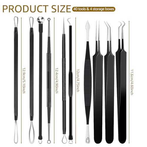 40pcs Pimple Popper Tool Kit Stainless Steel Blackhead Remover Tool Comedones Extractor for Forehead Facial Nose Lightweight Acne Needle Tool with Metal Case for Travel Home Use