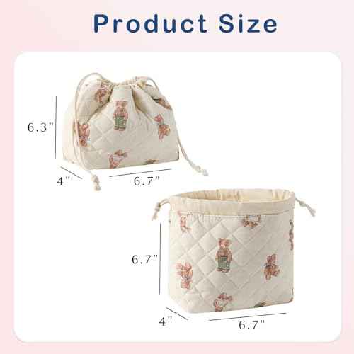 Cotton Quilted Drawstring Makeup Bag with Canvas Lining,Coquette Aesthetic Cute Travel Toiletry Bag,Drawstring Gift Bag for Women and Girls£¨04White Bear£©