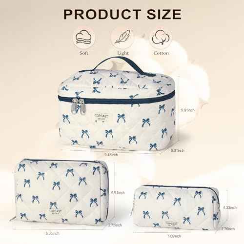 TOPEAST Christmas Gifts for Women Girls - 3Pcs Travel Makeup Bag Large Cute Quilted Make Up Bag for Purse, Portable Big Cosmetic Brush Pouch, Blue Bow