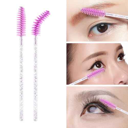 Tbestmax 100 Pcs Disposable Mascara Wands, Crystal Eyebrow Spoolies Brush for Eyelash Extensions, Lash Brushes with Container - Purple