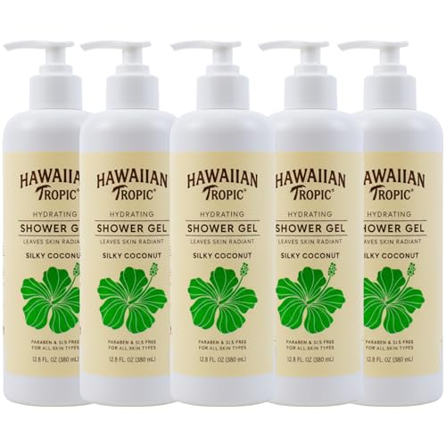 Hawaiian Tropic Hydrating Shower Gel, Body Wash 5 Pack, 380ml Bottle, Silky Coconut Scent, SLS Free, Paraben Free, Hotel Bathroom Amenities, Bulk Size, Air Bnb, Guest Bathroom Essentials, Airbnb