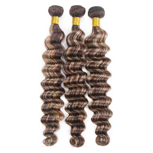 P4/613 Human Hair Bundles Highlight Bundles Human Hair Blonde Deep Wave Bundles Brazilian Human Hair Double Weft Soft And Silky Remy Hair Extensions for Black Women 14 16 18 Inch