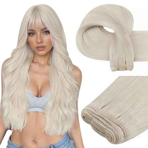 Easyouth 22 Inch Weft Hair Extensions Human Hair Blonde Sew in Hair Extensions Real Human Hair White Blonde Soft and Smooth Human Hair Extensions Sew in for Women 100G