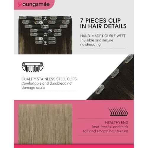 Youngsmile Human Hair Extensions Clip in Balayage Darkest Brown to Medium Brown Mixed Ash Brown Clip in Hair Extensions For Women Easy To Install Full Head 16inch 7Pcs 140g (7C#2/6/18-16Inch)