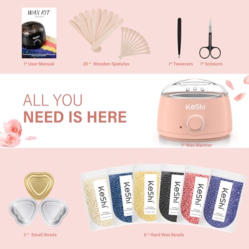 KeShi Waxing Kit, Painless Hair Removal Wax Warmer with 6 Bags Hard WaxBeans for Full Body, Legs, Face, Eyebrows & Bikini? Ideal for Both Women & Men(Blush)