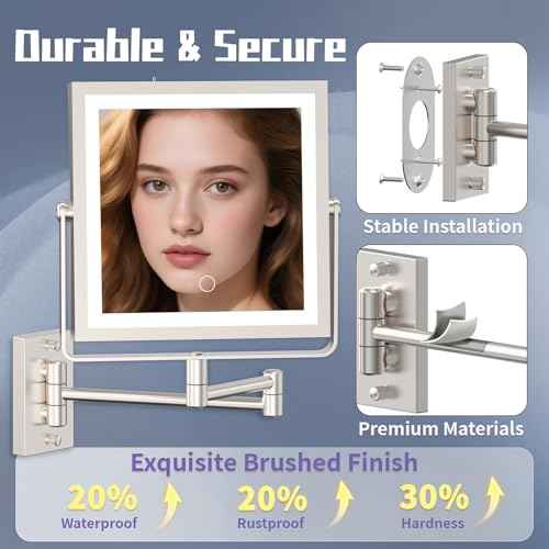 Wall Mounted Makeup Mirror with Lights 4000mAh Rechargeable Double Sided 1X/10X Magnifying Lighted Vanity Mirror with 3 Color Lights & Touch Dimmable 360¡Æ Rotation Extension Swing Arm for Bathroom