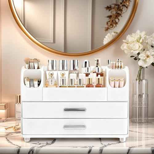 Makeup Organizer with 2 Drawers, Cosmetic Display Case, Storage Holder for Vanity, Bathroom Counter, Desk, Beauty Supplies (All White)