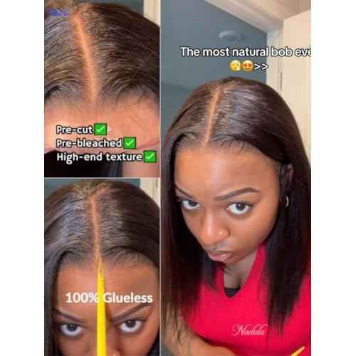 Nadula Yaki Straight Bob Drawstring Wig Human Hair Glueless Pre Cut 7x5 HD Bye Bye Knots Lace Front Wig Pre Plucked Invisible Knots Ready to Wear Short Light Yaki Bob Wigs 150% Density 12inch