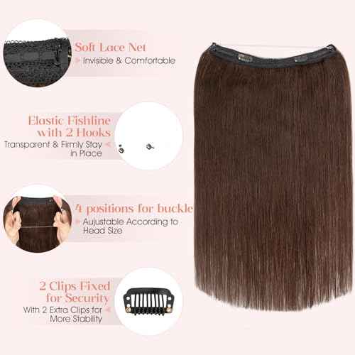 Hairro Wire Hair Extensions Human Hair, Fish Line Invisible Adjustable & Clips in Extensions Straight, 100% Real Hairpieces Seamless Blending for Women, 16 Inch 80g Dark Brown