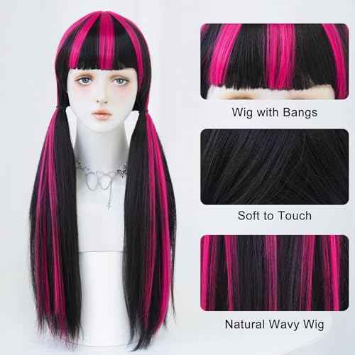 7JHH WIGS Wigs 28in Long Straight Wig Halloween Lolita Double Ponytail Wig for Women Black Wig with Rose Pink Highlight Cosplay Party wigs High Temperature Heat Resistant Fiber Natural Hairline Wig